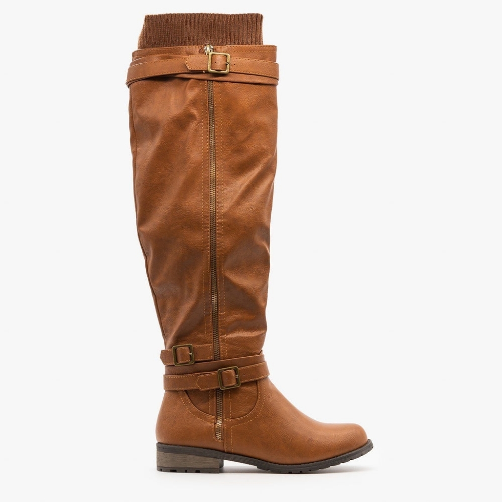 Like New! FOREVER Link Shoes Sweater Cuffed Knee High Faux Leather Boots Size 8 - Picture 2 of 11